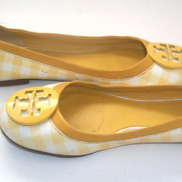 Tory Burch Minnie Yellow & White Gingham Ballet Flats w Yellow Patent Logo - Picture 6 of 9